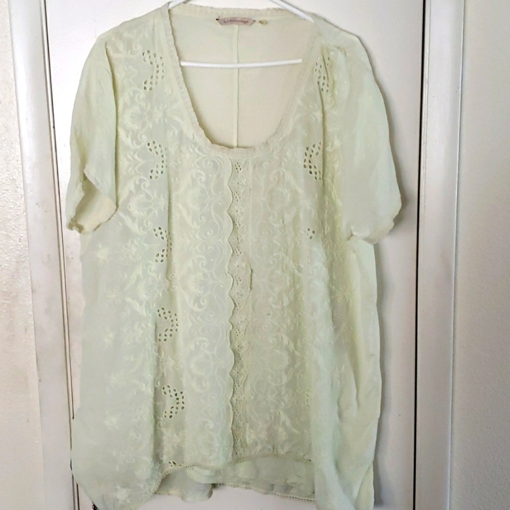 Soft Surroundings Mint Boho Embroidered Lace Overlay Top in Mint Green Size XL
